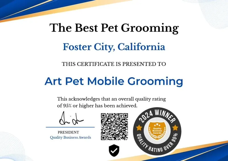 2024 Quality Business Awards certificate: The Best Pet Grooming, Foster City, California, presented to Art Pet Mobile Grooming