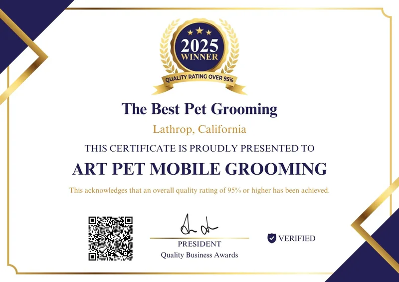 2025 Quality Business Awards certificate: The Best Pet Grooming, Lathrop, California, presented to Art Pet Mobile Grooming