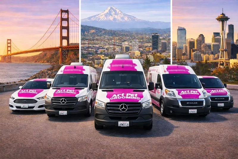 Art Pet Grooming vans in front of the Golden Gate Bridge, Mount Hood and the Seattle skyline